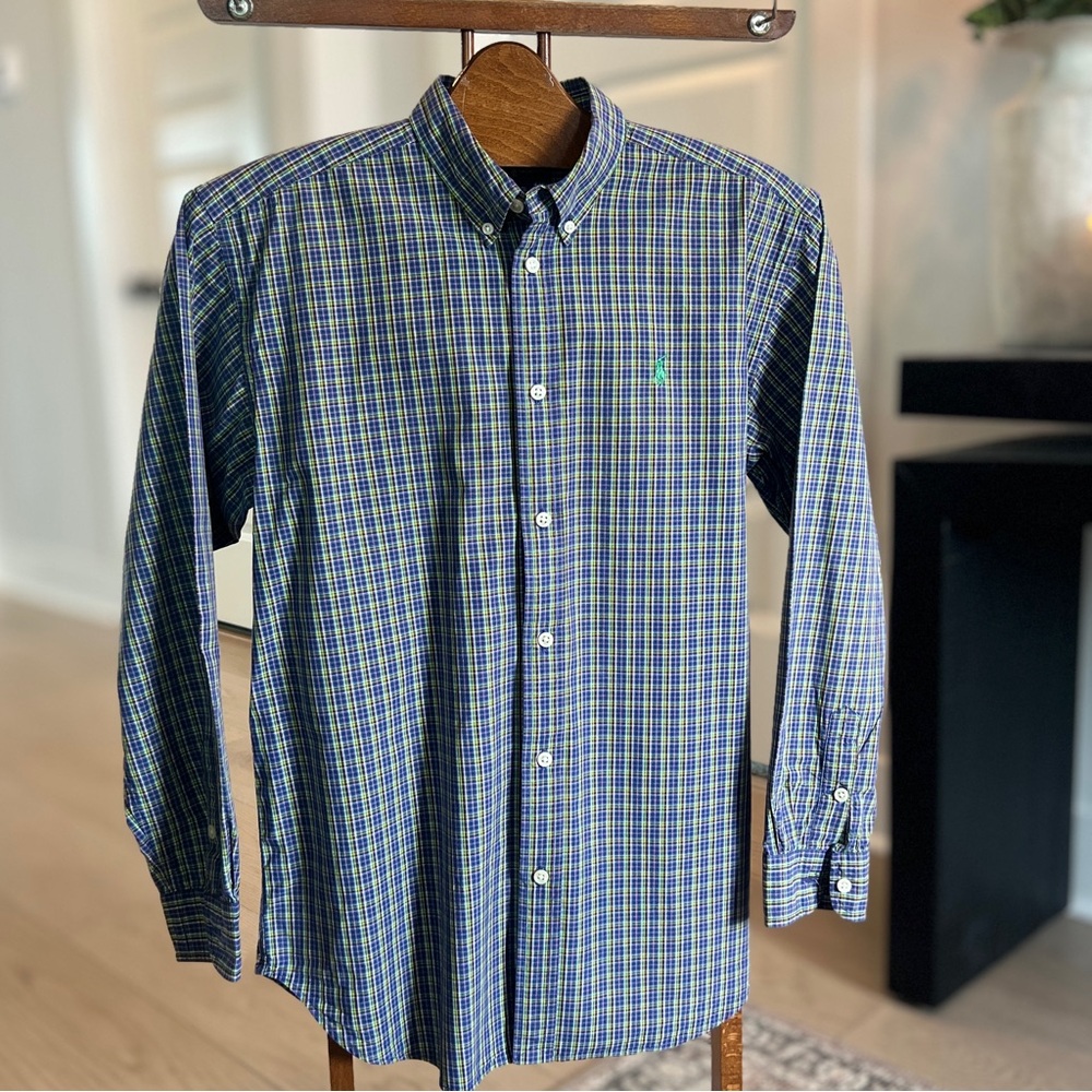 Ralph Lauren Boys XL sz. 20 Blue Green Checkered Button-Down Shirt 100% Cotton